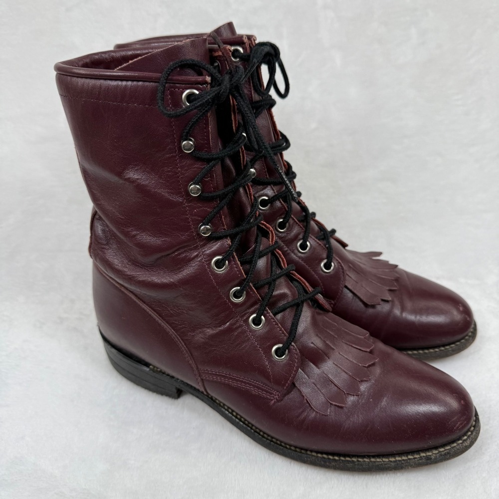 Justin L510 Burgundy Leather Lace Up Roper Boots Kiltie Fringe USA Made‎ 7B